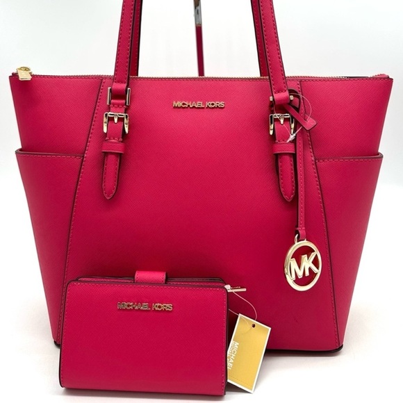 Michael Kors Large Charlotte Tote Bag & MD Bifold Zip Chain Wallet Electric Pink - Picture 1 of 15